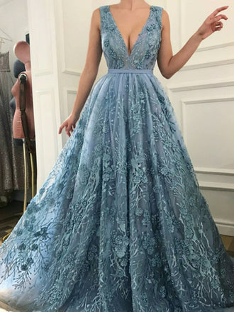 Sky Blue Lace With Beads V-neck Sleeveless Gorgeous Prom Dresses,PD00099