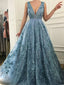 Sky Blue Lace With Beads V-neck Sleeveless Gorgeous Prom Dresses,PD00099