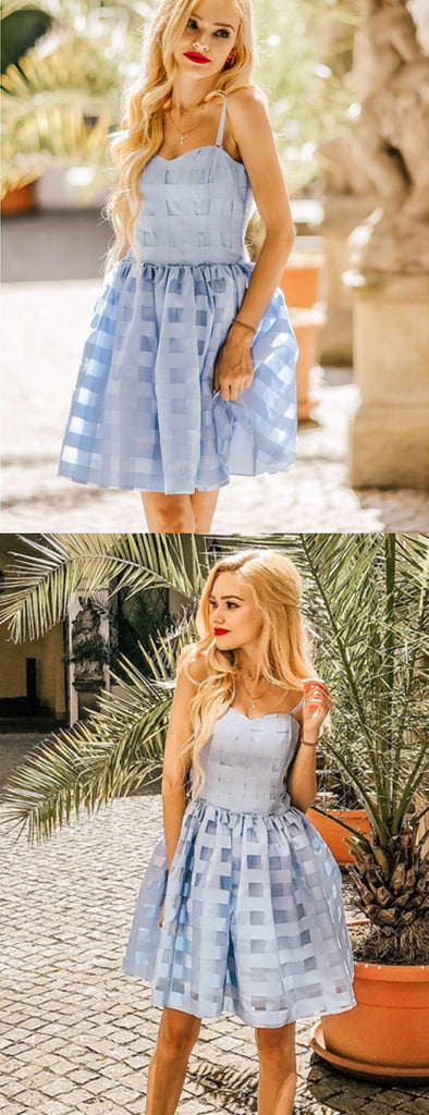 Sky Blue Plaid Spaghetti Strap Simple Homecoming Dresses,HD0052