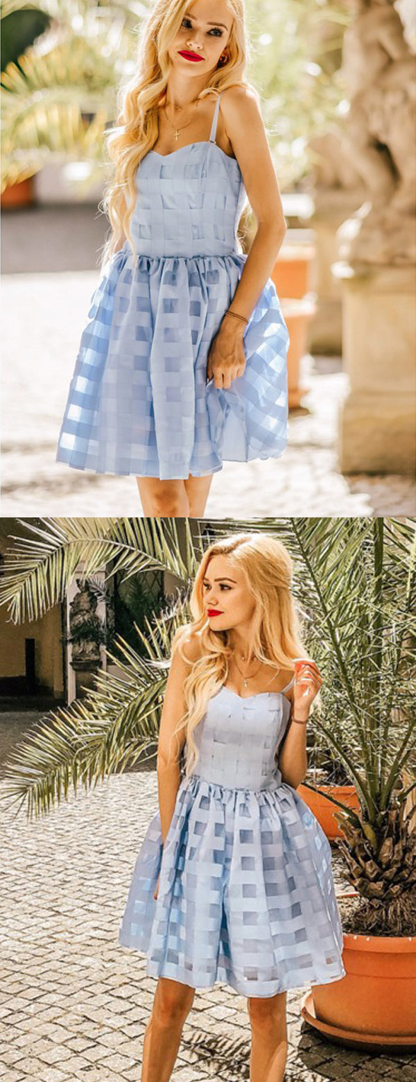 Sky Blue Plaid Spaghetti Strap Simple Homecoming Dresses HD0052 AlineBridal