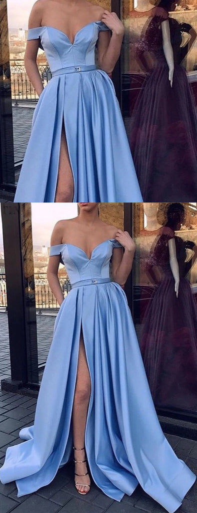 Sky Blue Satin Off Shoulder Simple Prom Dresses,PD00160