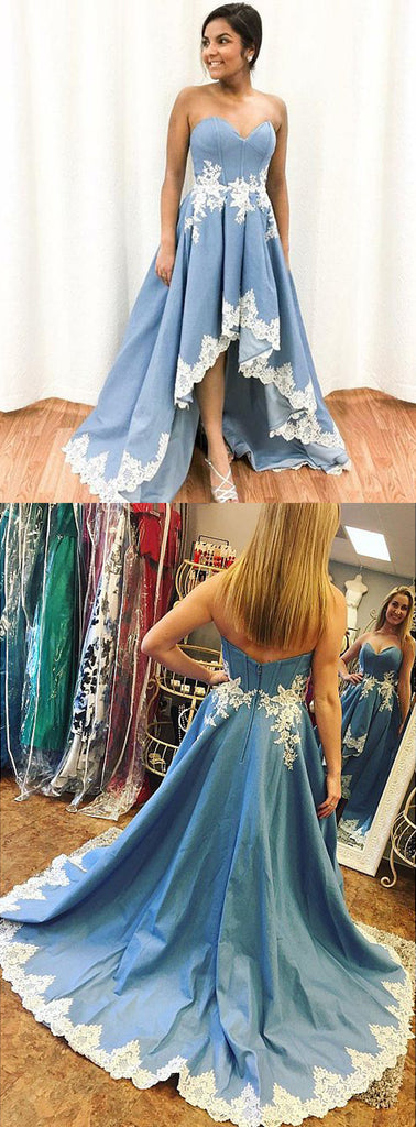 Sky Blue Strapless High Low Appliques Prom Dresses,PD00117