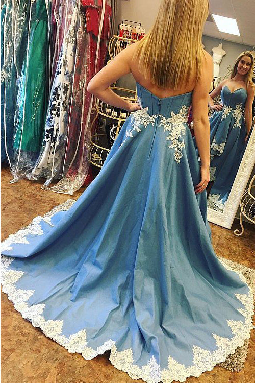 Sky Blue Strapless High Low Appliques Prom Dresses,PD00117