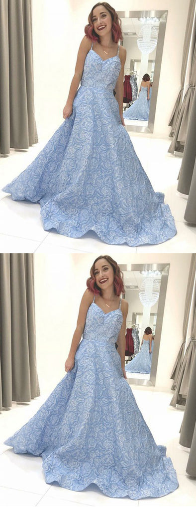 Sky Blue Unique Floral Satin Spaghetti Strap Prom Dresses ,PD00129