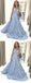 Sky Blue Unique Floral Satin Spaghetti Strap Prom Dresses ,PD00129