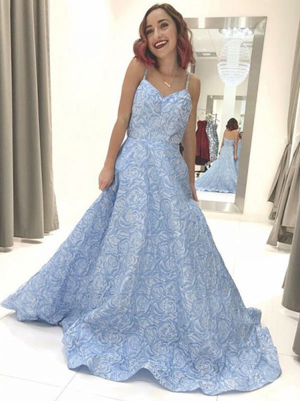 Sky Blue Unique Floral Satin Spaghetti Strap Prom Dresses ,PD00129 AlineBridal Sky Blue Unique Floral Satin Spaghetti Strap Prom Dresses ,PD00129 AlineBridal