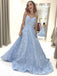 Sky Blue Unique Floral Satin Spaghetti Strap Prom Dresses ,PD00129