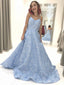 Sky Blue Unique Floral Satin Spaghetti Strap Prom Dresses ,PD00129
