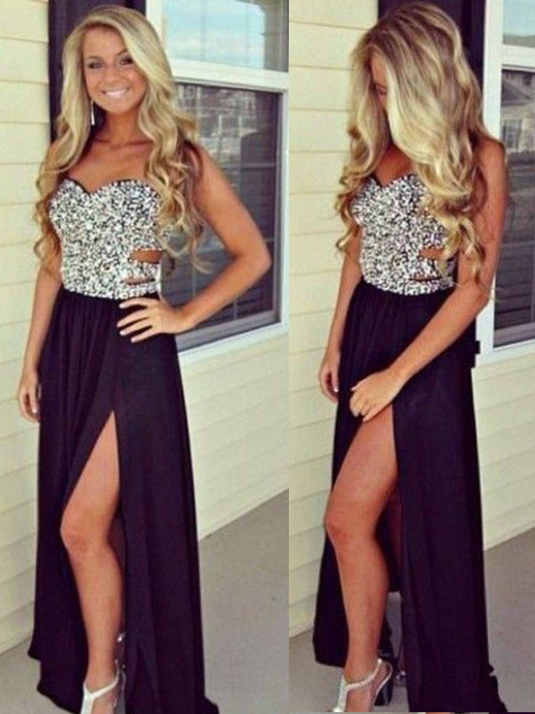 Silver Sleeveless Side Slit Black Evening Party Prom Dress,PD0047 –  AlineBridal