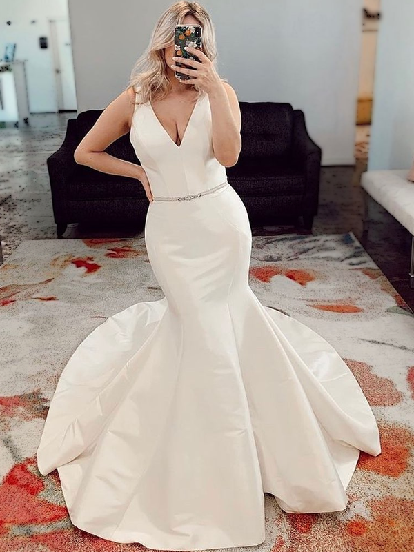 Sexy Sleeveless V-neck Mermaid Long Wedding Dress, WD3027 – AlineBridal