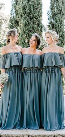 Sofa Green Chiffon Off Shoulder Boho Wedding Bridesmaid Dresses, AB4085