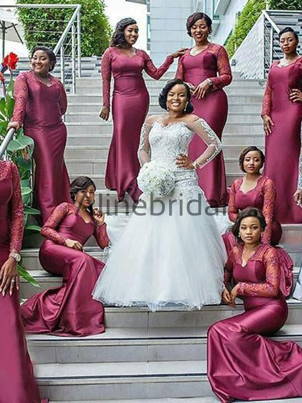 South African Long Sleeve Mermaid Lace Elastic Satin Long Bridesmaid Dresses , AB4080