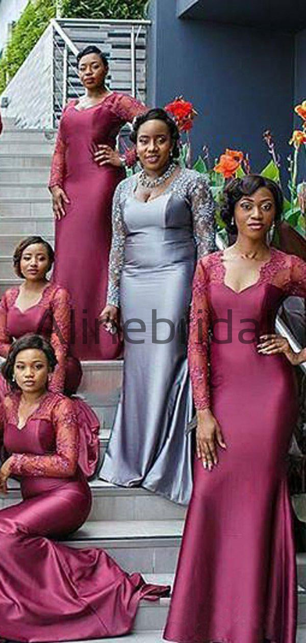 South African Long Sleeve Mermaid Lace Elastic Satin Long Bridesmaid D AlineBridal