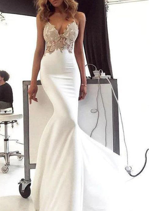 Sexy Spaghetti Strap Ivory V-neck Lace Top Mermaid Summer Beach Weddin AlineBridal Sexy Spaghetti Strap Ivory V-neck Lace Top Mermaid Summer Beach Weddin AlineBridal