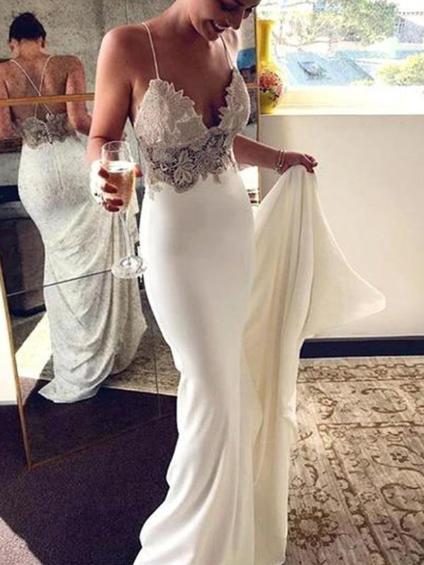 Sexy Spaghetti Strap Ivory V-neck Lace Top Mermaid Summer Beach Weddin –  AlineBridal