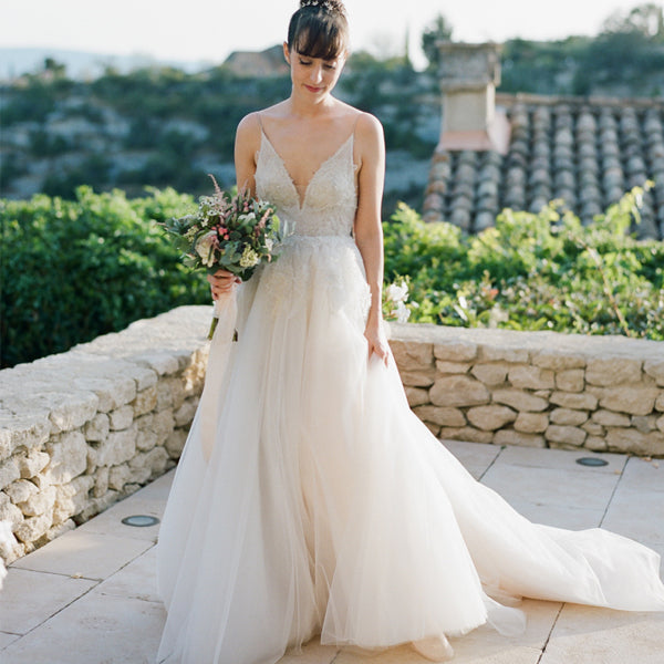 Spaghetti Strap Dark Ivory Applique Bead Long A-line Tulle Wedding Par –  AlineBridal