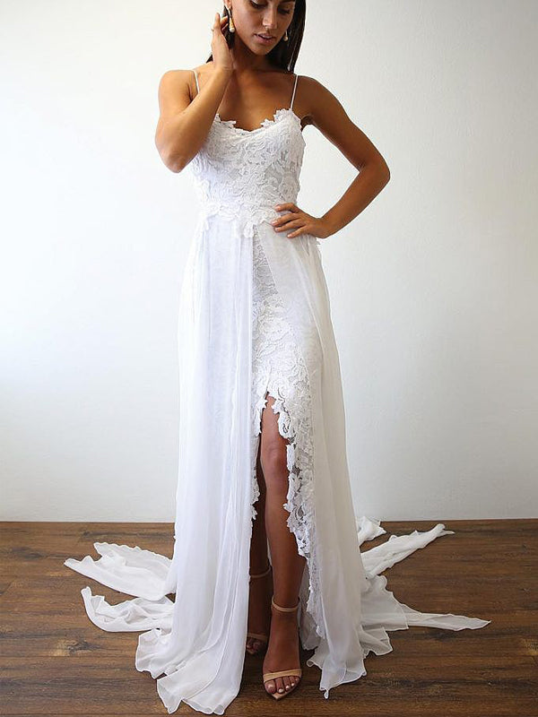 Spaghetti Strap Lace Chiffon Slits Boho Beach Wedding Dresses AB1544