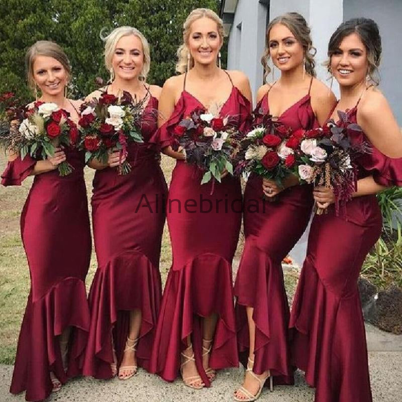 Spaghetti Strap Off Shoulder High Low Sexy Burgundy Mermaid Bridesmaid Dresses, AB4004