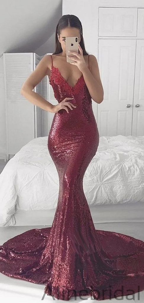 Spahetti Straps V Neckline Sequin Party Mermaid Burgundy Prom Dresses PD1050