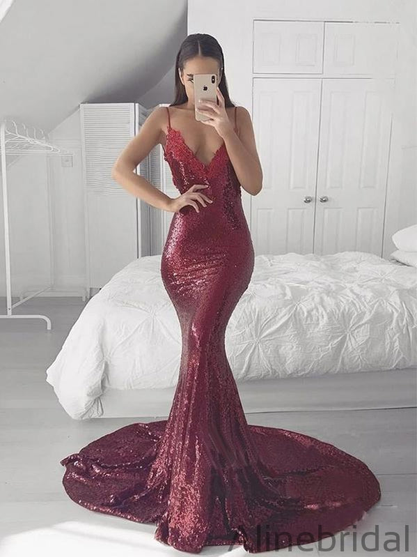 Spahetti Straps V Neckline Sequin Party Mermaid Burgundy Prom Dresses AlineBridal Spahetti Straps V Neckline Sequin Party Mermaid Burgundy Prom Dresses AlineBridal