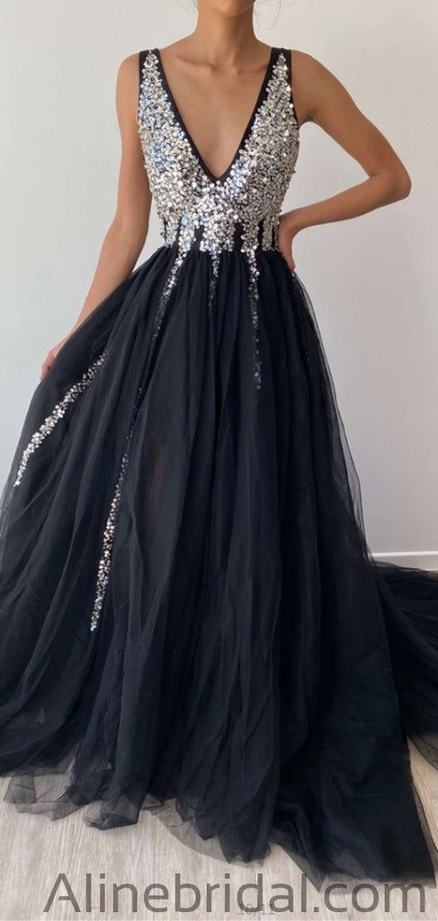 Sparkly A-Line Tulle Sequin Long Prom Dresses PD1036