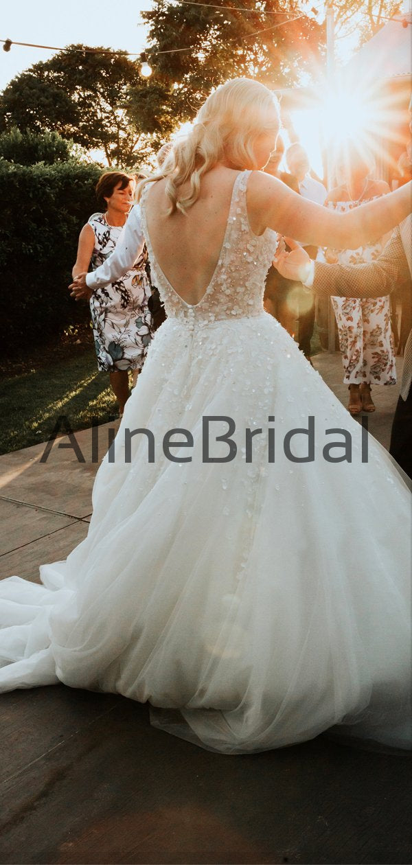 Sparkly Beading 3D Lace Illusion V back Tulle Wedding Dresses AB1562 AlineBridal