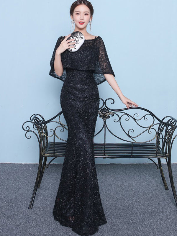 Sparkly Beading Black Lace With Shawl Mermaid Formal Party Prom Dresse AlineBridal Sparkly Beading Black Lace With Shawl Mermaid Formal Party Prom Dresse AlineBridal