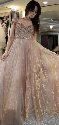 Sparkly Beading Nude Organza Off Shoulder Prom Dresses,PD00180