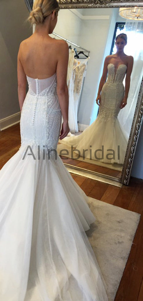 Sparkly Beading Tulle Strapless Mermaid Vintage Wedding Dresses, AB1503