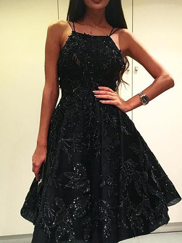 Sparkly Black Beading Lace Spaghetti Strap Backless Homecoming Dresses AlineBridal Sparkly Black Beading Lace Spaghetti Strap Backless Homecoming Dresses AlineBridal