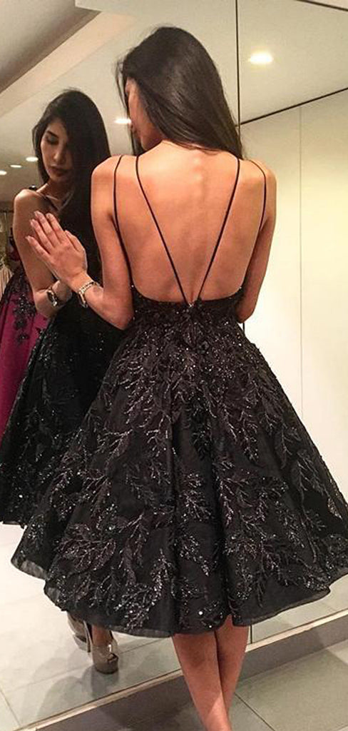 Sparkly Black Beading Lace Spaghetti Strap Backless Homecoming Dresses,HD0062