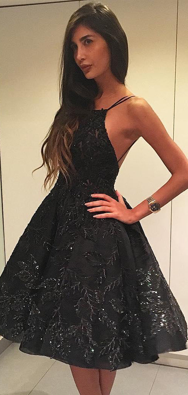 Sparkly Black Beading Lace Spaghetti Strap Backless Homecoming Dresses AlineBridal Sparkly Black Beading Lace Spaghetti Strap Backless Homecoming Dresses AlineBridal