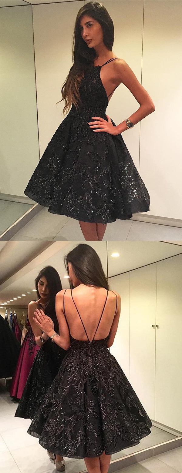 Sparkly Black Beading Lace Spaghetti Strap Backless Homecoming Dresses – AlineBridal