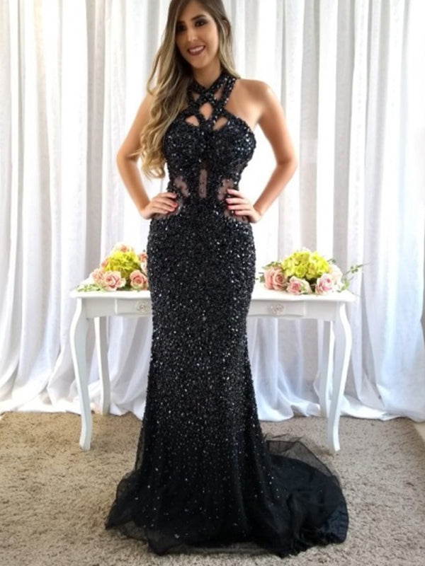 Sparkly Black Rhinestone Open Back Mermaid Prom Dresses.PD00283