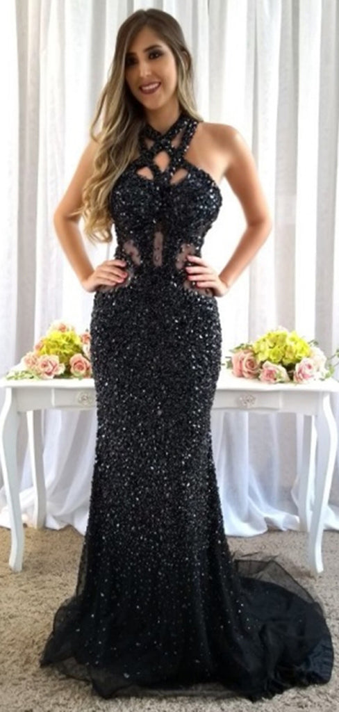 Sparkly Black Rhinestone Open Back Mermaid Prom Dresses.PD00283