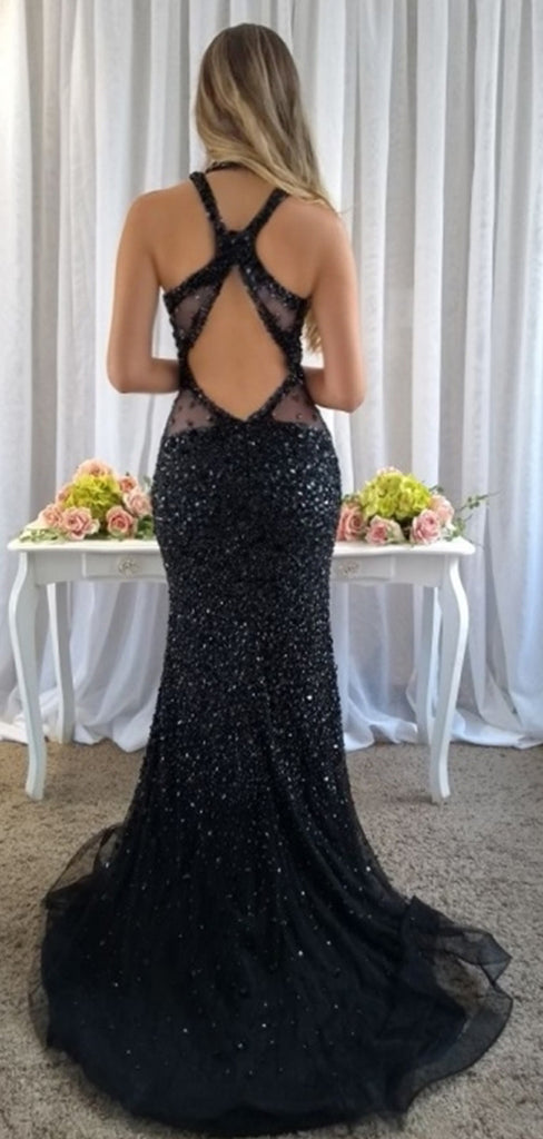 Sparkly Black Rhinestone Open Back Mermaid Prom Dresses.PD00283