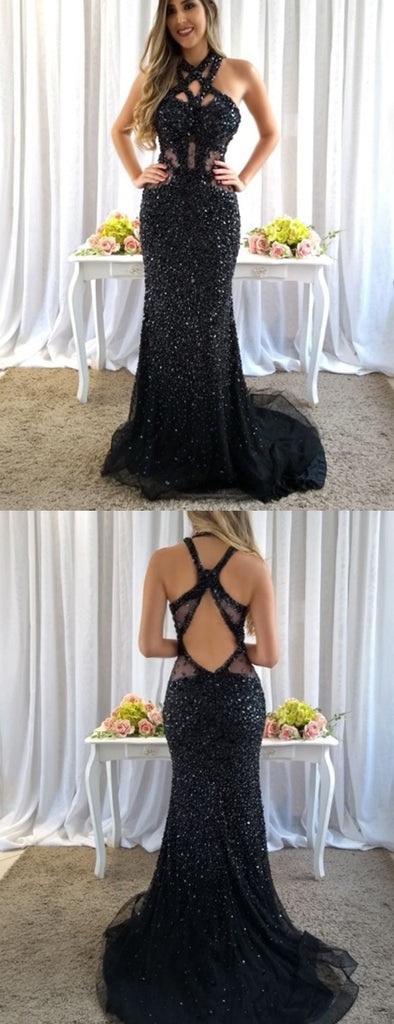 Sparkly Black Rhinestone Open Back Mermaid Prom Dresses.PD00283