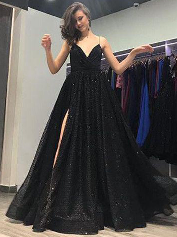sparkly black prom dress Sequin Spaghetti Strap Dresses,PD00154 – AlineBridal neck and spaghetti straps Select Size:0-6M | Pre-Order Black Velvet Gown, Wedding 2602SCP22400_BLACK