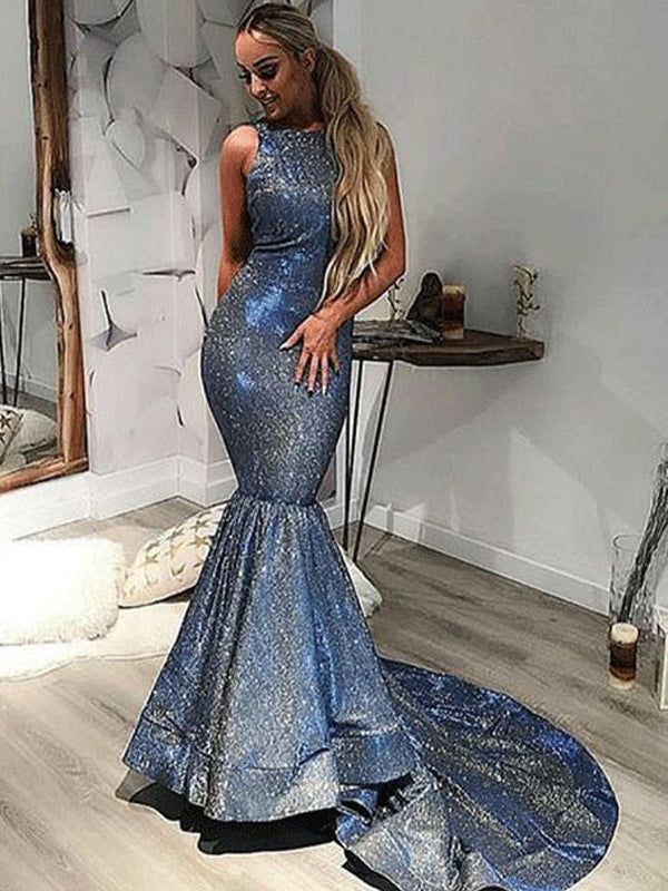 Sparkly Dark Grey Sequined Satin Mermaid Train Prom Dresses
