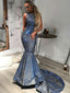 Sparkly Dark Grey Sequined Satin Mermaid Train Prom Dresses,PD00325