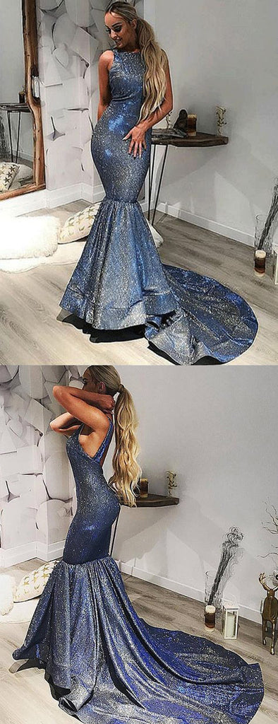 Sparkly Dark Grey Sequined Satin Mermaid Train Prom Dresses,PD00325