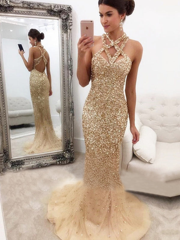 Sparkly Gold Sequins Rhinestone Unique Halter Mermaid Open Back Prom G AlineBridal