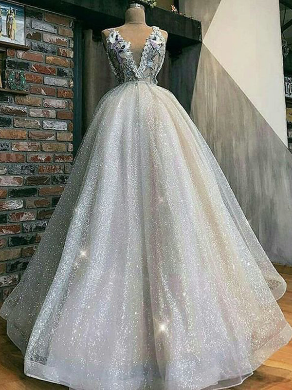 Sparkly Ivory Sequin Tylle Embroidery Applique V-neck Ball Gown Prom Dresses,PD00370
