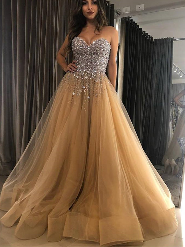 Sparkly Rhinestone Nude Tulle Sweetheart Strapless Ball Gown Prom Dres AlineBridal Sparkly Rhinestone Nude Tulle Sweetheart Strapless Ball Gown Prom Dres AlineBridal