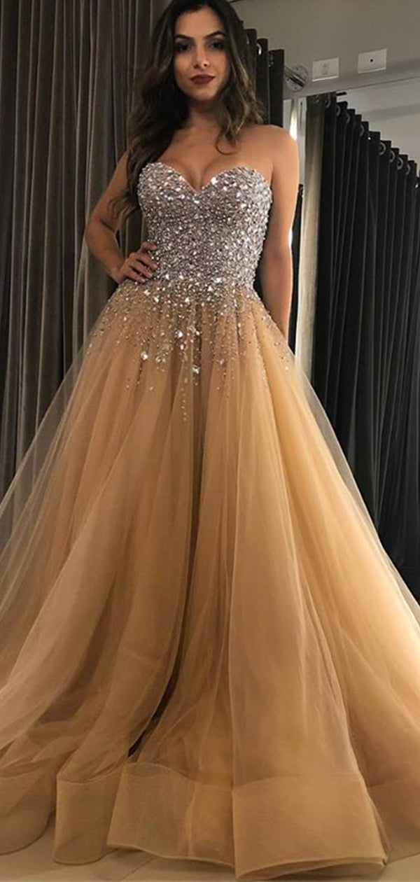 Sparkly Rhinestone Nude Tulle Sweetheart Strapless Ball Gown Prom Dres AlineBridal Sparkly Rhinestone Nude Tulle Sweetheart Strapless Ball Gown Prom Dres AlineBridal