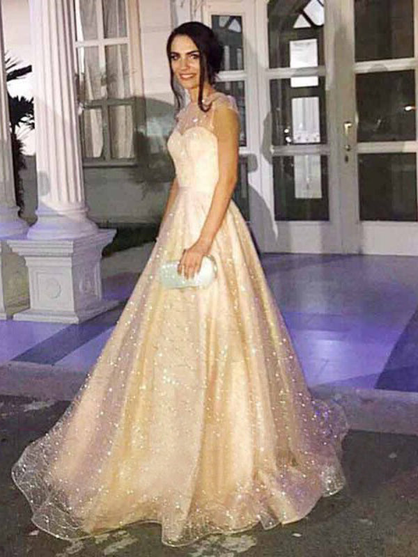 Sparkly Sequined Tulle Satin Illusion Cap Sleeve Prom Dreses,PD00369