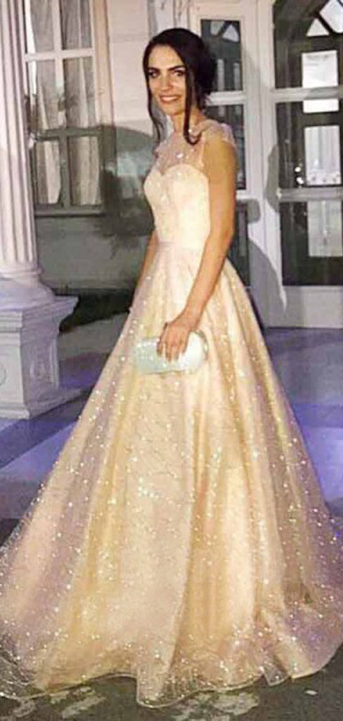 Sparkly Sequined Tulle Satin Illusion Cap Sleeve Prom Dreses,PD00369