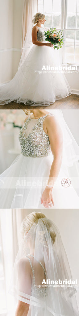 Sparkly Silver Bead Rhinestone Spaghetti Straps Ruffles Ball Gown Wedding Dresses, AB1161