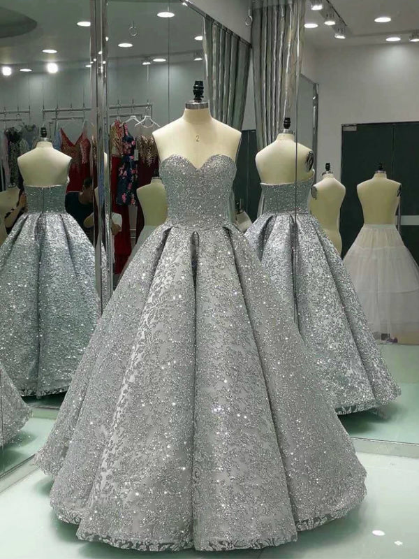 lærling websted Øde Sparkly Silver Sequin Sweetheart Strapless Ball Gown Prom Dresses,PD00 –  AlineBridal