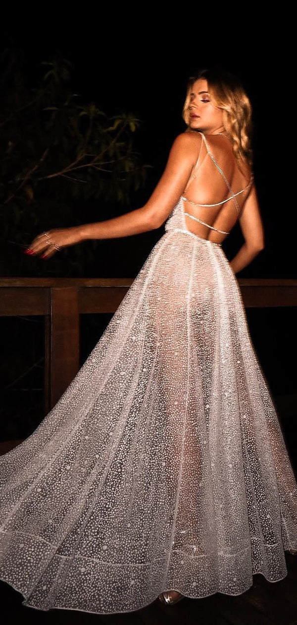Sparkly White Sequin V neck Backless Fashion Prom Dresses PD00327